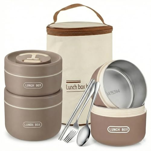Wolumsyrd 3 Pcs Insulated Lunch Box Set (47oz Total), Stackable Stainless Steel Thermal Food Container with Bag, Portable Bento Box for Hot Food, Leakproof Design with Knife, Fork & Spoon