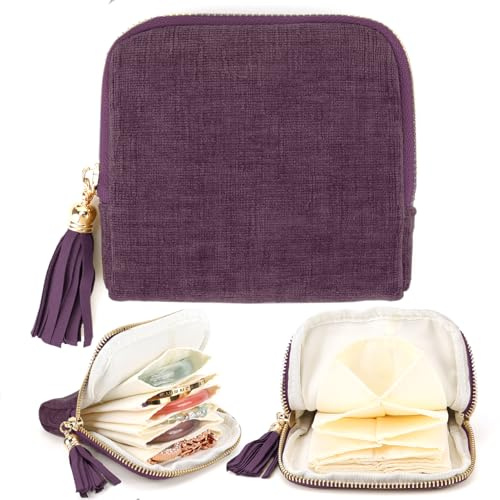 YOPCDJ Small Travel Jewelry Case, Portable Soft Jewelry Bags, Organizer Pouch with 6 Compartments Pocket, Anti-Scratch Storage Holder for Bangle Bracelets Earrings Necklace, Women Gifts, Purple