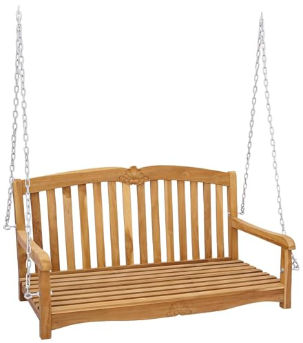 RuiNingRN Gungbänk natur av massivt teak 114 x 60 x 60,5 cm med galvaniserad kedja, väderbeständig och stabil för trädgård, terrass, balkong med ergonomiskt ryggstöd och bekväm sitthöjd