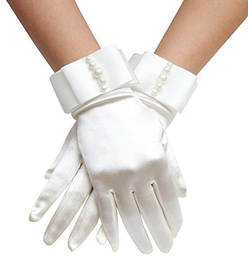 Elinadress Damen Handgelenklänge Brauthandschuhe mit Perlen für Hochzeitskleid Fingerhandschuhe, Elfenbein, Wrist Length