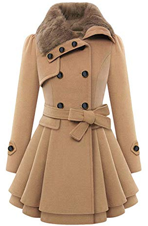 YMING Femmes Col De Fourrure Manteau Longues Outwear Élégant Double Boutonnage Ceinture De Mélange De Laine Manteau Décontracté
