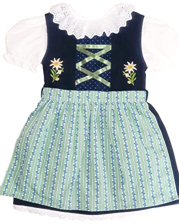 Schrammel Dirndl per bambini con grembiule in cotone delicato floreale, Blu scuro-verde fiori, 110 cm-116 cm
