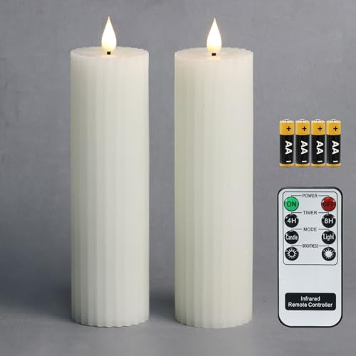 Fanna 2 flamlösa ribbade blockljus led vit med fjärrkontroll och timer, realistiska hushållsljus med varmvitt ljus, Höjd 20,5cm, batterier ingår