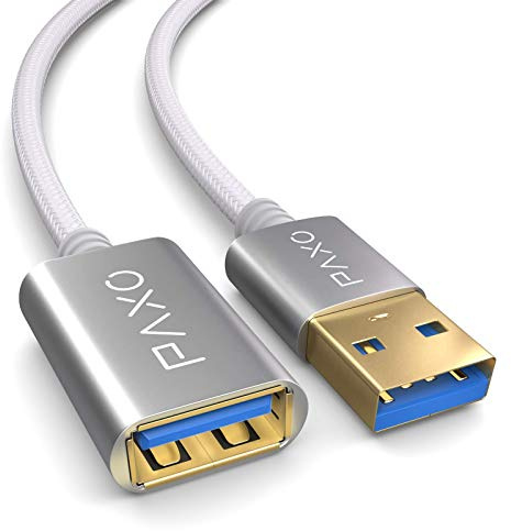 USB-förlängning 5 m, 10 Gbit/s (1,25 GByte/s), USB 3.2 Gen2 (3.0, 3.1), USB-förlängningskabel, A hane till A-hona, vit, tyghölje