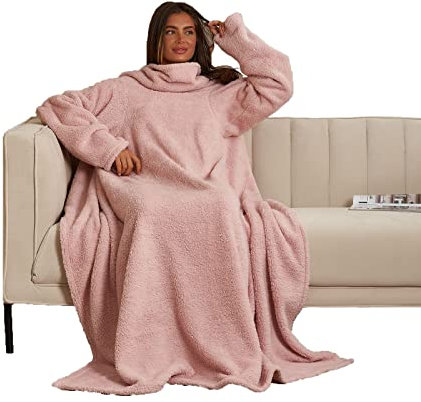 OHS Wearable Blankets for Women Teddy Fleece, Warm Blanket with Arm Sleeves Snuggle Blanket Soft Comfy Teddy Fleece Relaxing on Sofa, Pink
