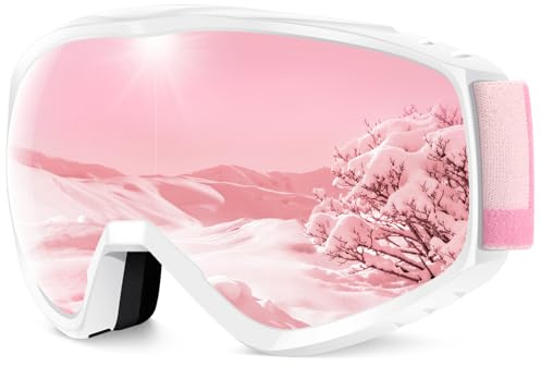 Findway Masque de Ski, Lunette de Ski pour Homme Femme Adulte, Masqué Ski OTG pour Ski et Snowboard Anti-buée, Anti-UV Rose Photochromique Lentille Sphérique