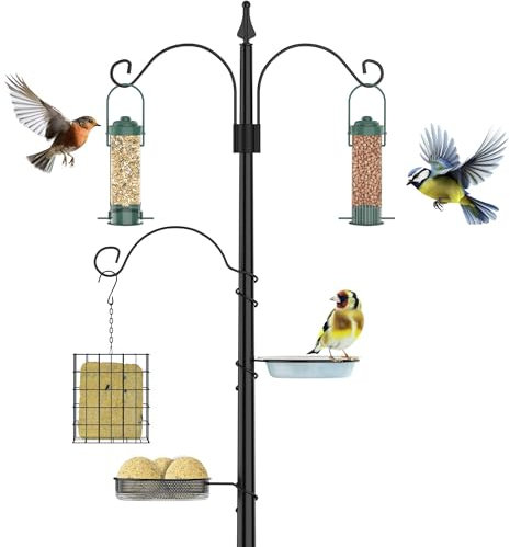 ZENO Bird Feeder Station With 3 Hanging Feeders & 2 Dishes | Bird Feeders Hanging Station | Bird Feeding Station For Garden | Heavy Duty Metal Bird Feeder Pole Stand For Birds & Outdoor Use