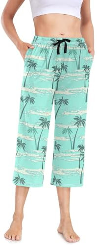 Damen Pyjamahose, Meereswellen, Palmen, Caprihose, bequeme Pyjamahose, Lounge-Hose, Größe S, B979, 46
