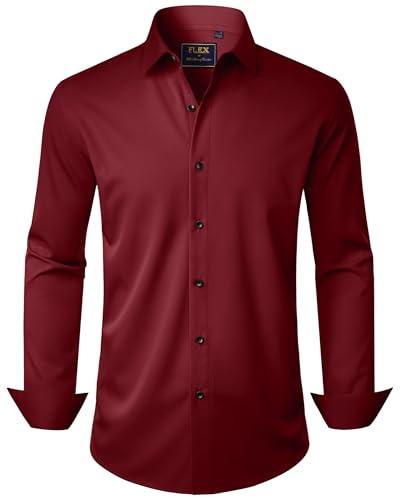 J.Ver Camisas de Vestir para Hombre, sólidas, elásticas, de Manga Larga, Formal, de Esmoquin, para Negocios, Informales, con Botones, para Bodas y Bailes de graduación, Rojo Vino, Medium