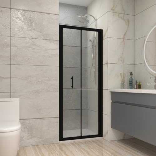 NRG 760 x 1900mm Bathroom Bi- Fold Shower Door for Wet Room Shower Enclosures Black Framed Space Saving