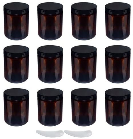 12Pcs 240ml Amber Glass Jars, Empty Cosmetic Jars with Lids, Empty Glass Pots Face Cream Lotion Storage Jar for Make Up, Sample, Travel Use