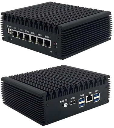 PeeliCeeli Fanless Mini PC Win 11 Pro, Core i5 8250U Micro Firewall Appliance with 6 x Gigabit LAN, Mini Computer Hardware for Network Router, Barebone NO RAM/SSD/System, RJ45 COM
