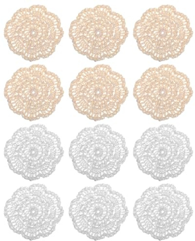 AOZUO 12Pcs Small Lace Doilies Crochet Doilies for Cups Coasters, 4 Inch Round Cotton Lace Coaster Handmade Vintage Crochet Doilies Rustic Table Doilies Decors for Kitchen Dining Room Party Wedding
