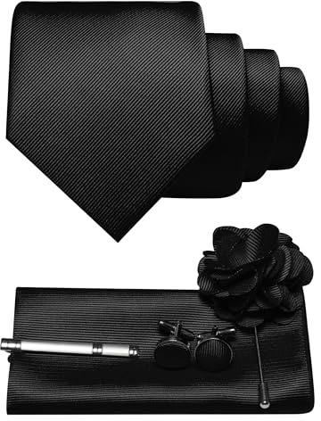 JEMYGINS Cravatta da uomo in twill con design in tinta unita con gemelli Pocket Square, fermacravatta e spilla floreale, set regalo per feste, business, matrimoni, Nero , M
