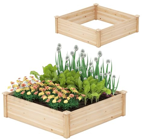 HOMASIS Orto Rialzato da Esterno in Legno di Pino, Vaso per Piante con Fondo Aperto, Fioriera da Giardino per Fiori, Verdure e Erbe da Balcone o Terrazza, Naturale (102 x 102 x 30 cm)
