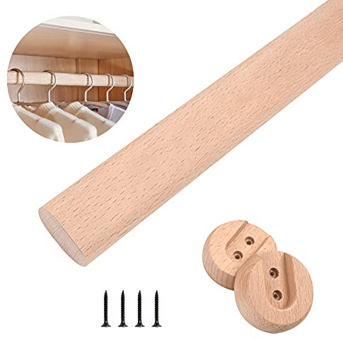 Bastone per abiti in legno di faggio naturale, resistente, 90 cm, con 2 staffe di supporto e viti, facile da installare per tutti i tipi di armadi in legno