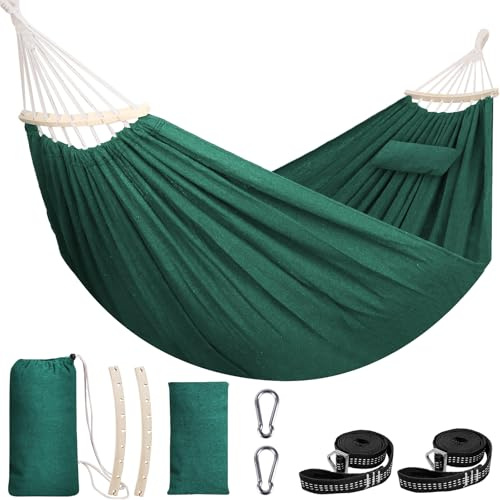 Chihee Hängmatta av bomull mjuk 300 x 150 cm, andningsbar campinghängmatta lastkapacitet upp till 300 kg bärbara hängmattor med avtagbar spridningsstång kudde2 starka remmar 2 karbinhakar