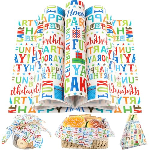 150 Sheets Happy Birthday Wax Paper for Food Deli, 9.8 x 8.3 inch Watercolor Letters Patterns Greaseproof Deli Sheets for Sandwich Picnic Basket Liner Birthday Party Supplies