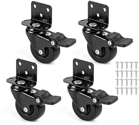 MIGUBIGU 4 PCS 38mm Roulettes Pivotantes Charge Lourde avec Support en L en Caoutchouc, Roulette Pivotante avec Frein Capacité 60 kg, Roulette pour Meuble Silencieuse avec Vis