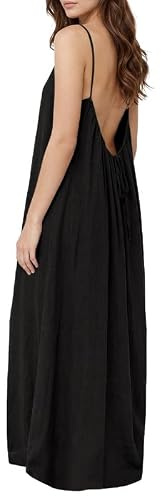 Xiaoliny Robe D'été Longue Femme Chic et Elegant Décolleté Rond Dos Nu Maxi Robes à Bretelles Spaghetti Sexy sans Manches Ample Fluide Bohème Robe de Plage Couleur Unie Décontractée Robes Vacances
