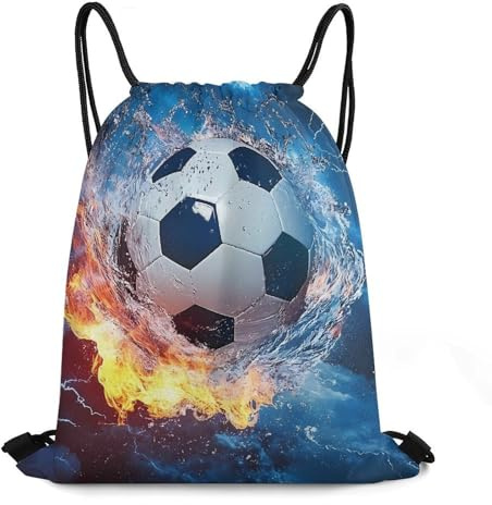 Gympapåse med dragsko, personlig sportgymväska, vatten eld flamma fotboll fotbollstryck, premium sträng säck för aktiviteter, strand, vandring, 36 x 42 cm