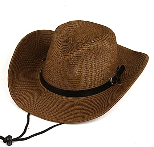 AHDMR Cappello di Paglia Anti-Sole Cappello da Cowboy Western Uomo Panama Cappello Fedora Ampio Bordo Pieghevole Donna Cappello da Sole Estate Anti-UV Jazz Hip-Hop, marrone, 56/58 cm