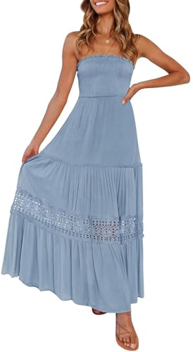 ZESICA Women's 2025 Summer Bohemian Strapless Off Shoulder Lace Trim Backless Flowy A Line Beach Long Maxi Dress,SkyBlue,Small