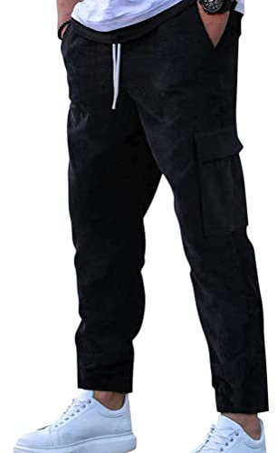 Oanviso Pantaloni da Uomo Classics Pantaloni Corduroy Cargo Pants Larghi Pantaloni con Elastico in Vita Pantaloni Casual Multi-Tasche Pantaloni in Velluto a Coste Pant Comodi e Morbido A Nero M