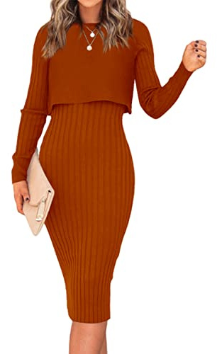 Ezbelle Women's Long Sleeve Sweater Dresses 2 Piece Outfits Sets Casual Ribbed Knit Crop Tops and Tank Sexy Bodycon Midi Dress Caramel Medium