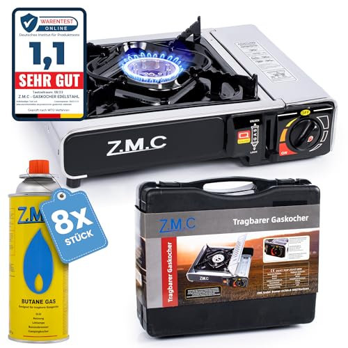 Z.M.C Edelstahl Campingkocher Gaskocher 1 Flammig + Aufbewahrungskoffer + 8x Gaskartuschen 227g für Indoor/Outdoor | Wärmeleistung: 2,2KW | Piezozündung | Kartuschenkocher