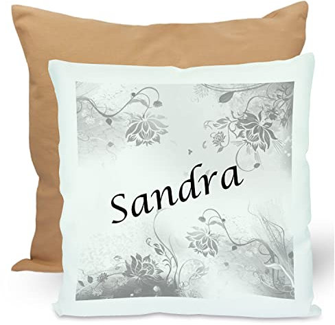 CreaDesign, Kinder Kissen 40x40 cm personalisiert mit Namen, Kinderzimmer Deko Kissen Kinder mit Füllung Federn, Motiv Blumen grau, Rückenfarbe Beige