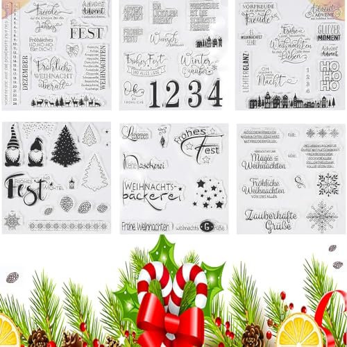 Forhome 6PCS Stempel Weihnachten, Weihnachtsstempel, Blätter Clear Stamp Weihnachten, Stempelset, Silikonstempel Winter, Clear Stempel Set für DIY Scrapbooking Fotoalbum