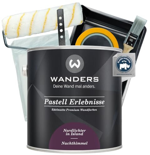 Wanders Pastell Erlebnisse Wandfarbe 2,5L (Nachthimmel, Lila) inkl. Streichset Basic – Premium Kreidefarbe, Leichte Anwendung, Hochdeckend, Ultramatt, Perfekt für Heim-DIY