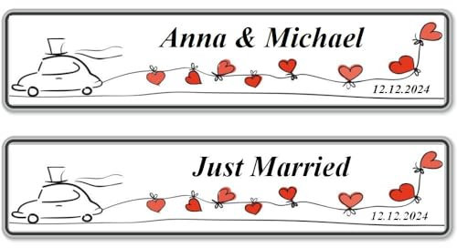 2X Hochzeit Autoschild mit Wunschtext Hochzeitsschild Hochzeitsauto Kennzeichen aus Aluminium | Digital Druck | Verschiedene Motive (Hochzeitsauto)