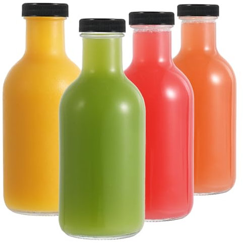 LIMILI Bottiglie in vetro per succo, confezione da 4 bottiglie riutilizzabili da 500 ml con coperchio, bottiglie in vetro trasparente per bevande fatte in casa, picnic, viaggi, scuola