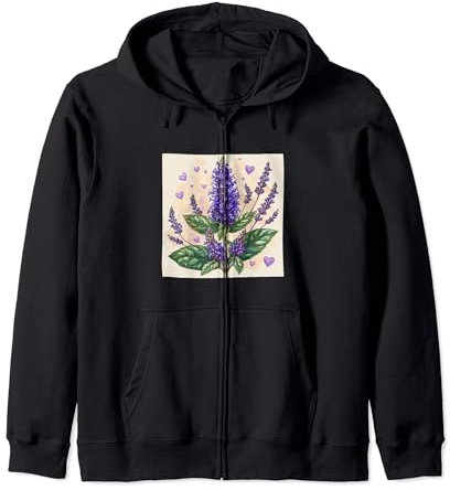 Anise Hyssop Flowers With Hearts Around Boho Style Graphic Zip Hoodie