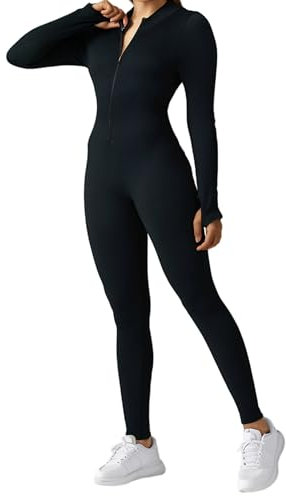 Merlvida Sport Jumpsuit für Damen Eng Langarm Overall mit Reißverschluss Sexy Gerippter Rollkragen Jumpsuit Push Up Elastischer Einteiler Body One Piece Bodysuit für Yoga Fitness Gym