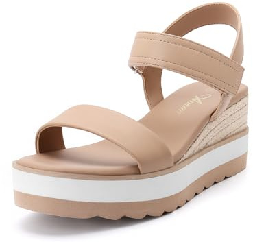 Athlefit Wedge Sandals for Women Comfortable Platform Sandals Espadrille Dressy Open Toe Leather Ankle Strap Casual Nude Sandals Size 9.5
