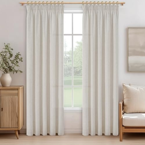 MRTREES Cortinas con Ganchos Salon Modernas 2 Piezas 140x240 CM, Cortina para Riel Cortinas de Casa Visillos Lino Blanco Marfil Translucidas para Dormitorio Juvenil Habitacion Matrimonio Comedor