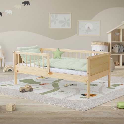 ML-Design Cama Infantil Individual Natural(Beige) 70x140cm Madera de Pino Maciza con Somier de Láminas y Protección Anticaída Diseño Creativo Estructura Robusta Mueble de Dormitorio para Niños/Bebés