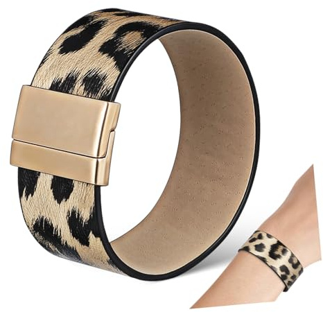 Homoyoyo Braccialetto Avvolgente Leopardato da Donna, Polsino Largo in Ecopelle Nero Oro, Gioielli da Polso Trendy per Outfit Casual e Serate Eleganti, Chiusura Comoda e Design Artigianale