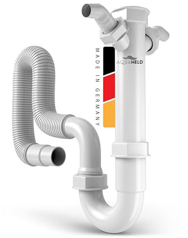 AquaHeld® Siphon for Kitchen Sink with Flexible Drain Hose [Made in Germany] - 1 1/2 Inch x 40/50 mm - Tube Siphon with Two 1 Inch Device Connections + Connection Seals