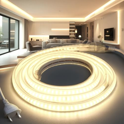 BRIMETI Neon LED Strip Neutral Vit 4000K LED-Remsa 5M 220V Vattentät IP65 Strip Flexibel Silikon 145LED/m Ljusremsa med Netzteil und Controller Inomhus Utomhus Belysning Band för Dekoration DIY Kök