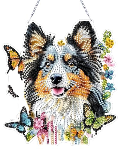 CAYUDEN Diamond Painting Hanging Ornaments, 5D Dog Diamond Door Pendant with Chain DIY Special Diamonds Acrylic Gem Painting Art Decor Kit Art and Craft Kit for Child, Adults Gift