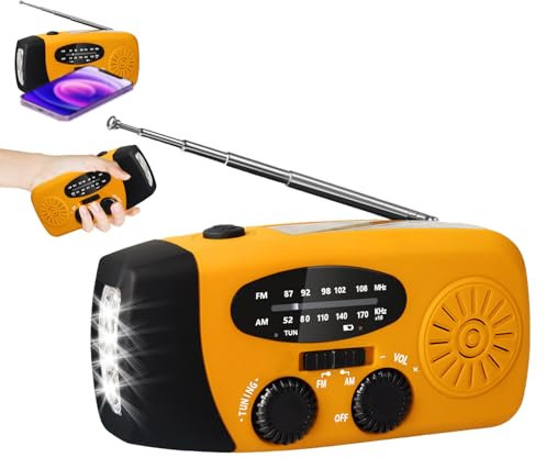 Wind up Solar Radio, Solar Emergency Hand Crank Weather Radio,Portable Hand Crank Radio, AM/FM Radio with LED Torch, Rechargeable Power Bank, SOS Alarm, USB Phone Charger, For Camping Hiking (Orange)