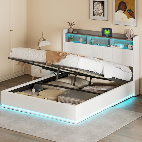 Letto Matrimoniale 160x200 con Contenitore, Letto Imbottito 160x200 con LED e Ricarica USB Letto con Contenitore una Piazza e Mezza Struttura Letto Matrimoniale con Doghe e Testiera (Bianco, Flanella)