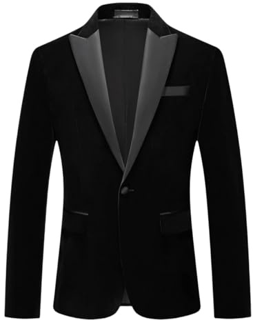 HUIANGLIYG Blazer en Velours pour Homme, Veste de Smoking À Un Bouton, Coupe Slim, Décontractée, pour Bal, Mariage, Dîner, Soirée, Noir, Taille S