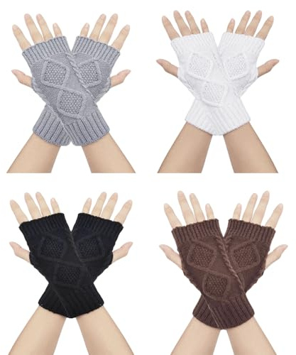 SAIIURV 4 par fingerlösa handskar, stickade handskar med tumhål för tumme, vinter varm för kvinnor, klassiska stickade handledsvärmare, perfekt för arbete, körning, löpning och aktiviteter, Flerfärgad