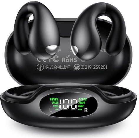 EUQQ ﻿Auriculares Deportivos Bluetooth 5.3 - Diseño Ultra Open-Ear con Clip Inalámbricos Auriculares de Conducción Ósea, 40H de Reproducción con Caja de Carga LED - Negro