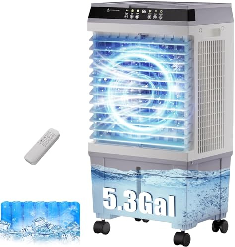 Swamp Cooler,1800CFM Air Cooler with 5.3 Gal Water Tank, 2 Modes 3 Speeds,l,6 Ice Boxes,120°Oscillation,12H Timer, Evaporative Air Cooler for Indoor,Home,Office,Kitchen,Bedroom